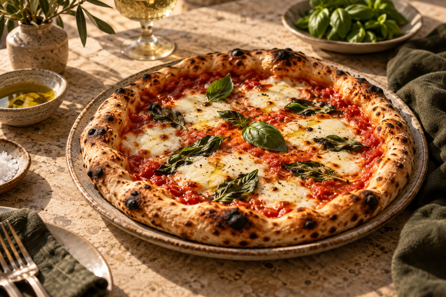 Italienische Pizza mit Basilikum auf einem mediterran gedeckten Tisch